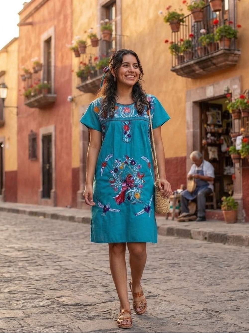 Vintage Mexican Cotton Muu Muu Floral Bird Embroidery Dress cruise beach